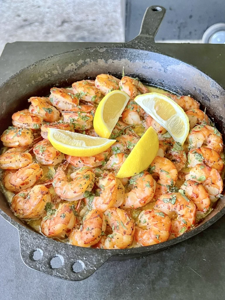 smoked shrimp in a cast iron skillet