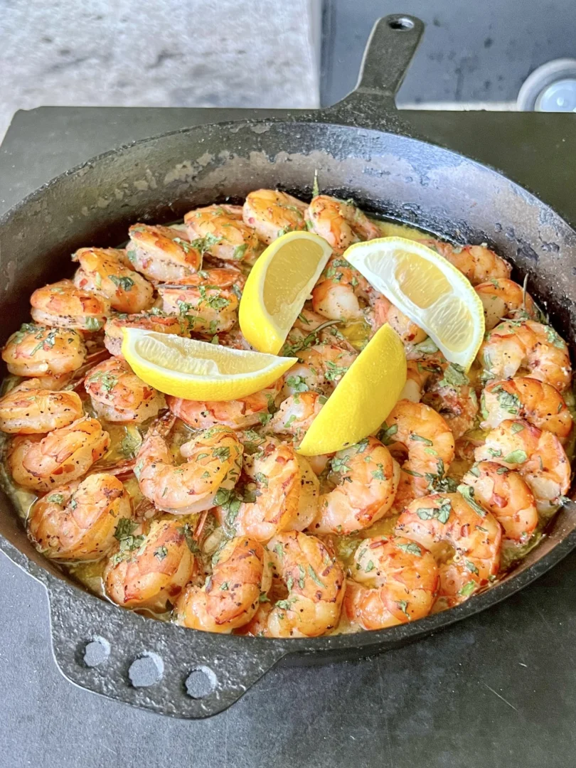 smoked shrimp in a cast iron skillet