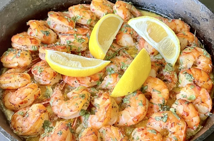 smoked shrimp in a cast iron skillet