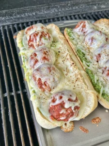 far left meatball sub on a tray