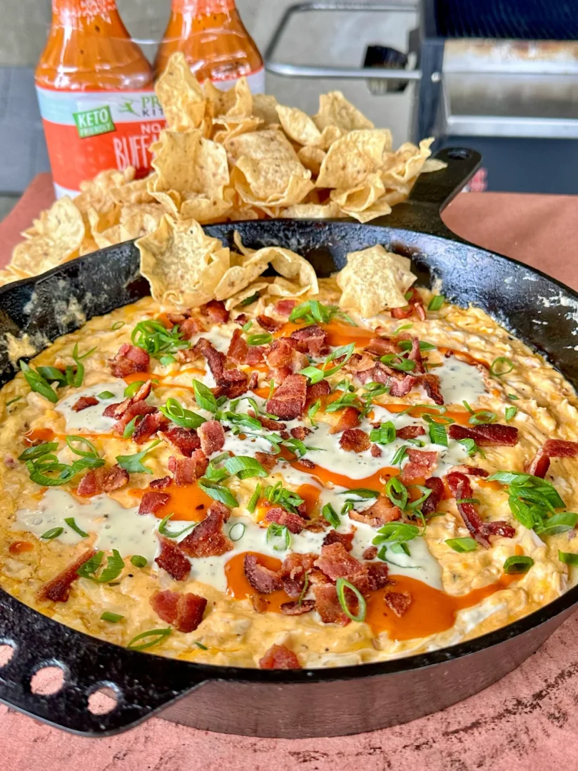 buffalo chicken dip in a cast iron