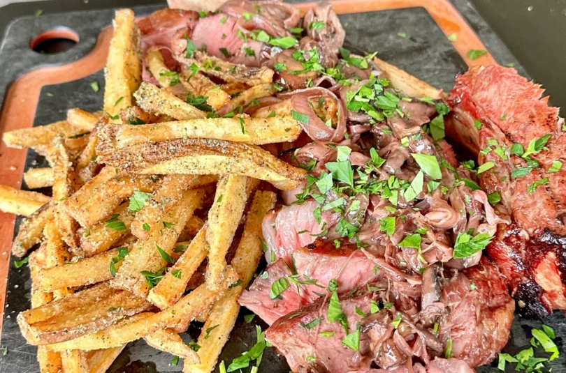grilled ribeye steak and fries