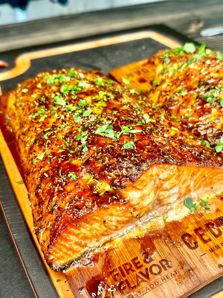 up close of the finished rum planked salmon