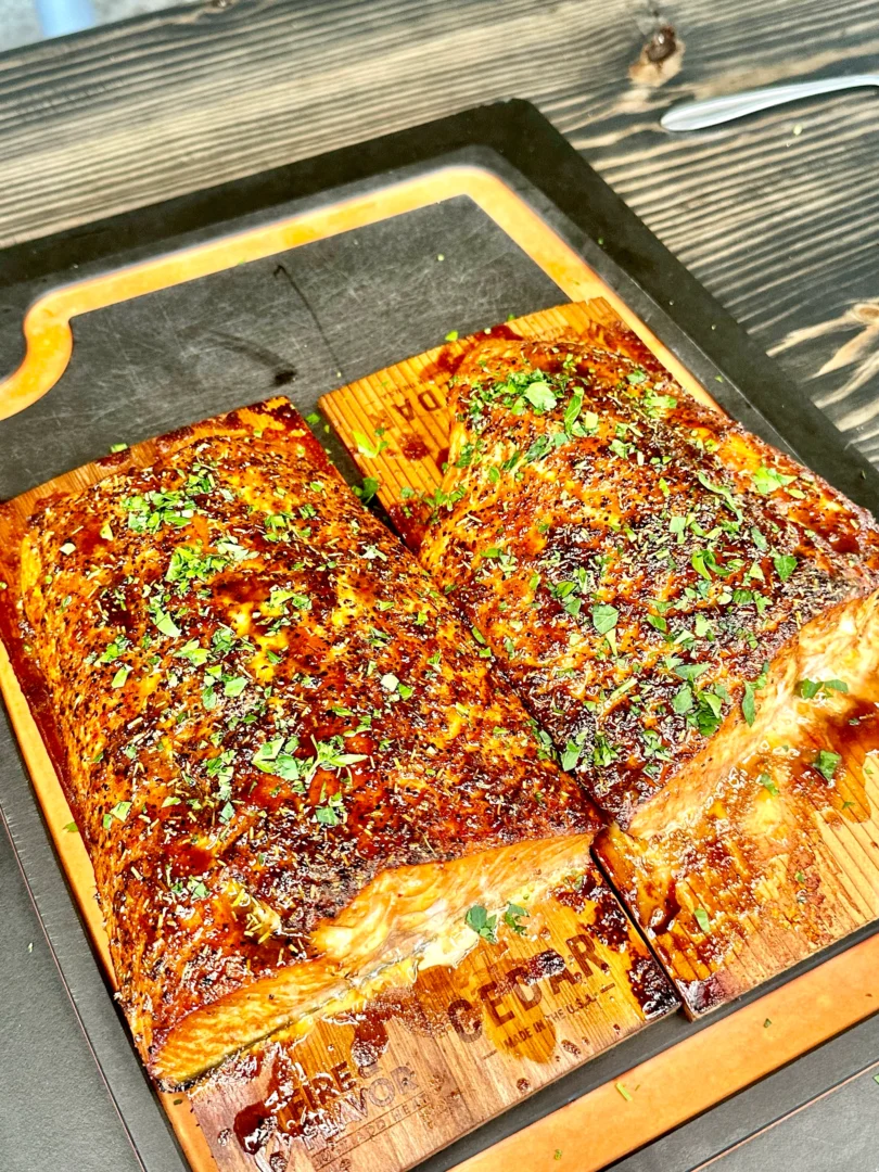 brown sugar rum planked salmon on a cutting board