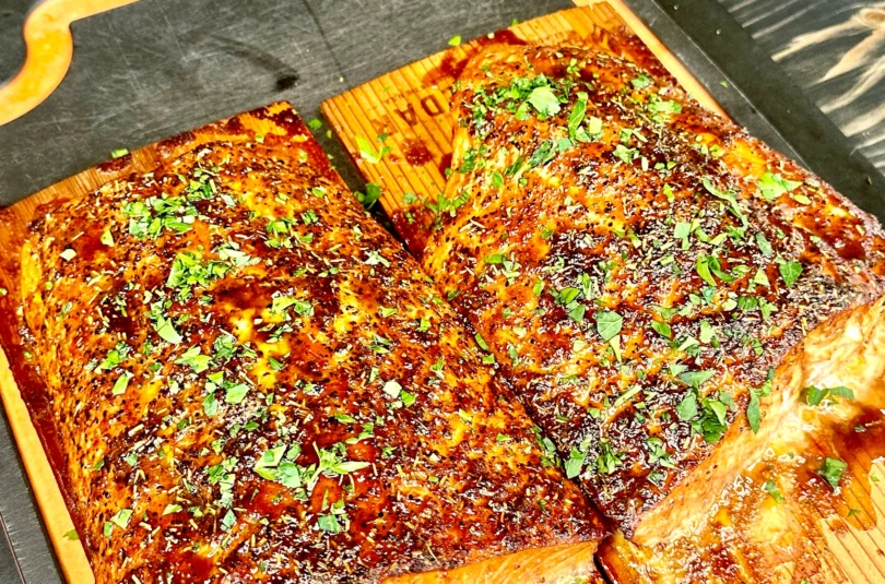 brown sugar rum planked salmon on a cutting board