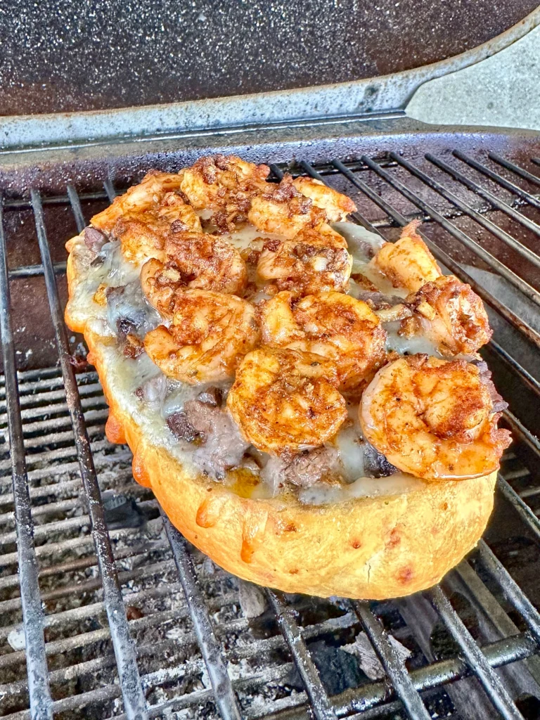 close up of the surf and turf stuffed bread