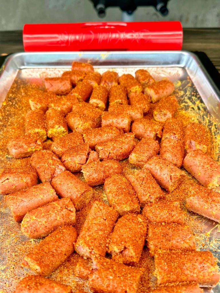 seasoned hot dog burnt ends in a pan
