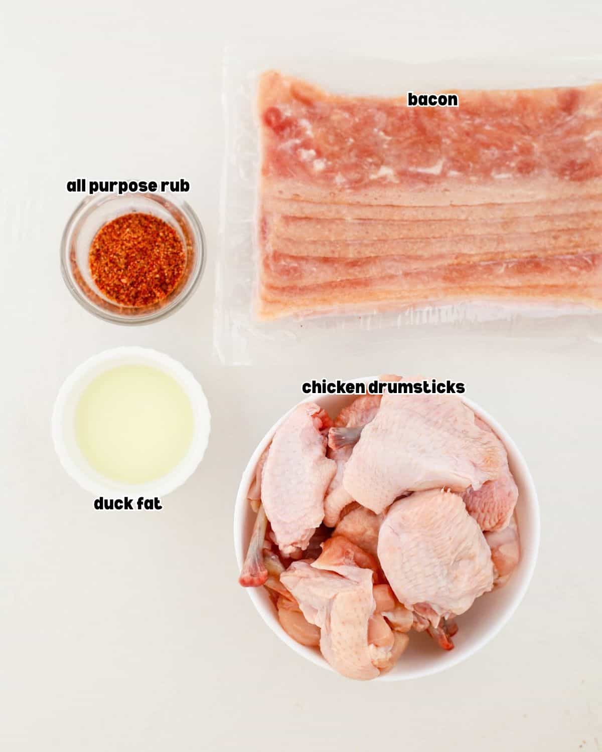 Chicken drumsticks, bacon, duck fat and BBQ rub for smoked chicken lollipops