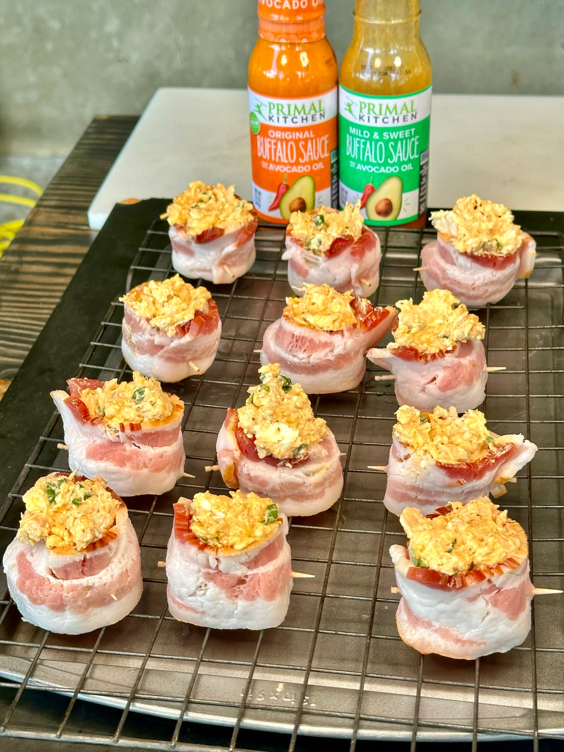 adding buffalo chicken dip to the bacon