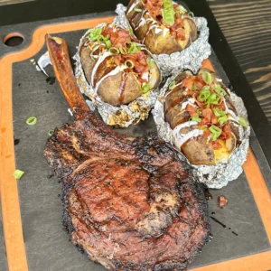 resting steak and loaded baked potato