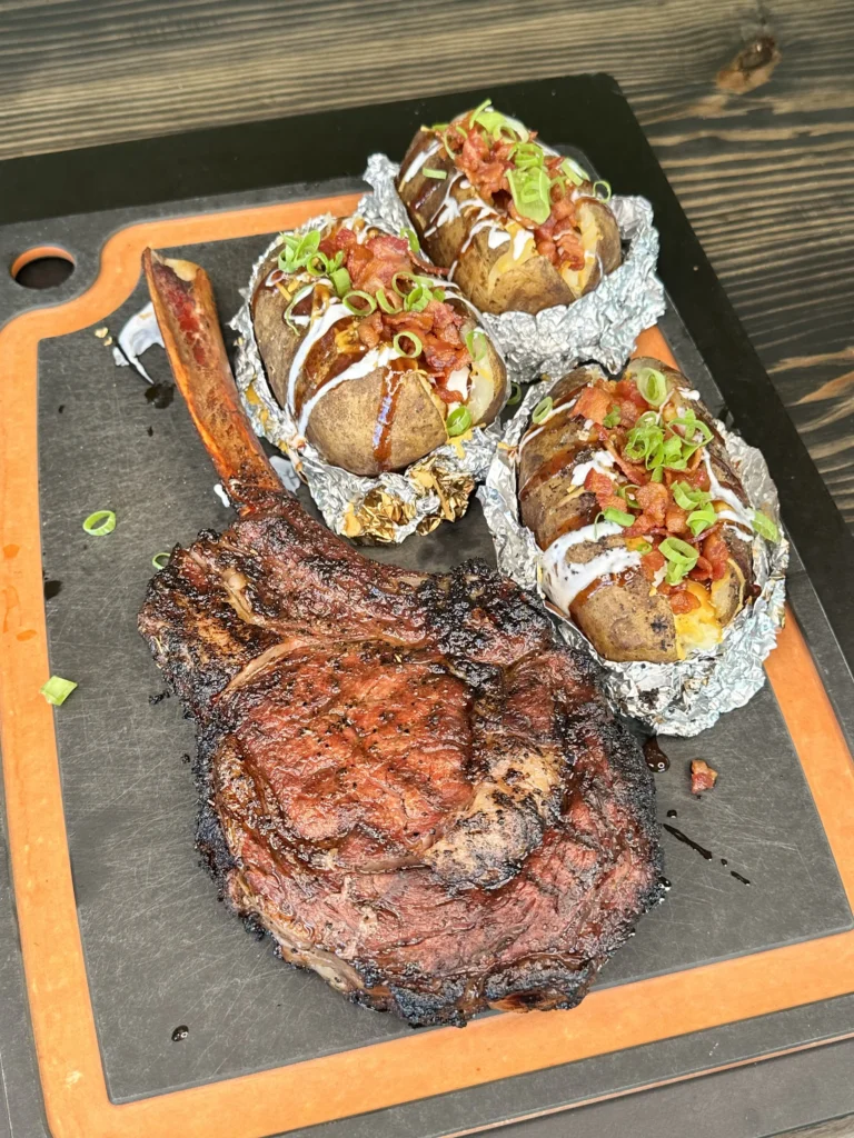 resting steak and loaded baked potato