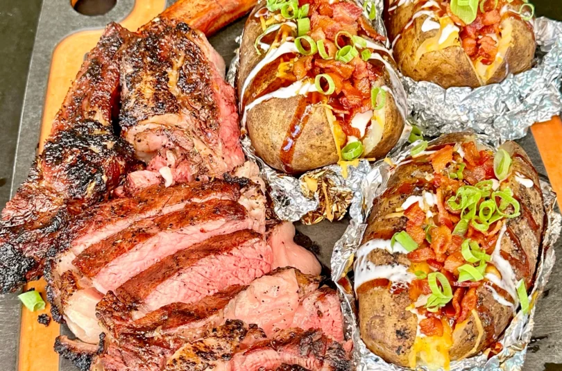 steak and loaded baked potatoes