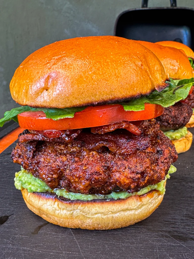Nashville hot sandwich on a cutting board