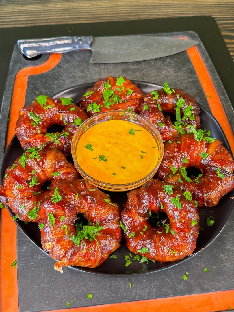 Bacon Wrapped Burger Stuffed Onion Rings