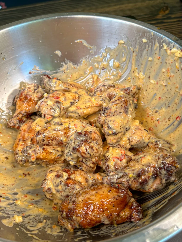 bang bang sauce in a pan with wings