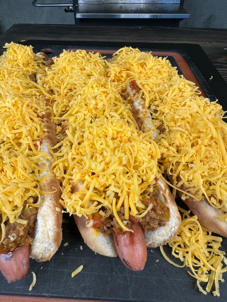 up close on the chili cheese coneys