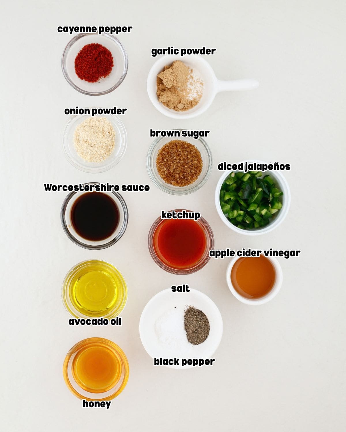 Labeled ingredients for honey jalapeño BBQ sauce, including honey, diced jalapeños, ketchup, brown sugar, vinegar, Worcestershire sauce, oil, and spices.