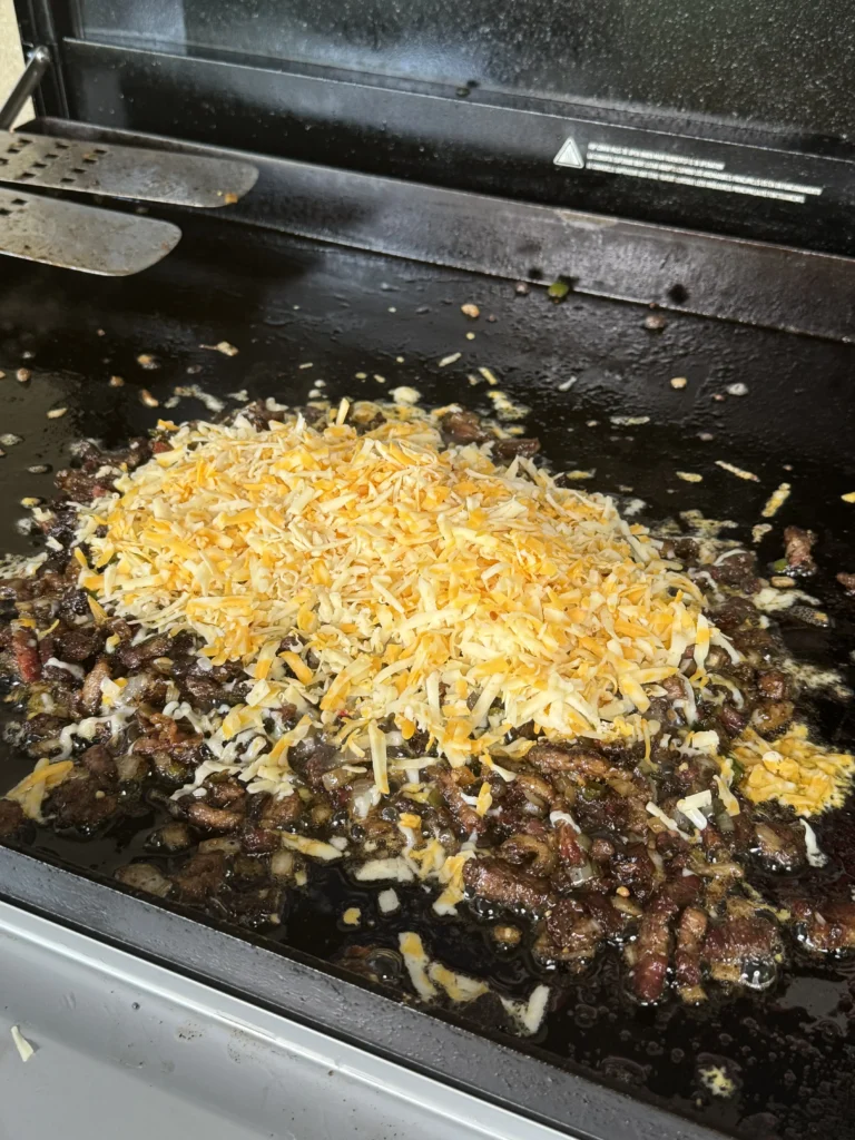 all the ingredients together on the griddle