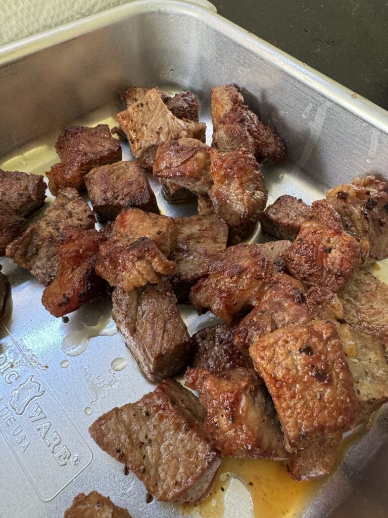 steak bites in a pan