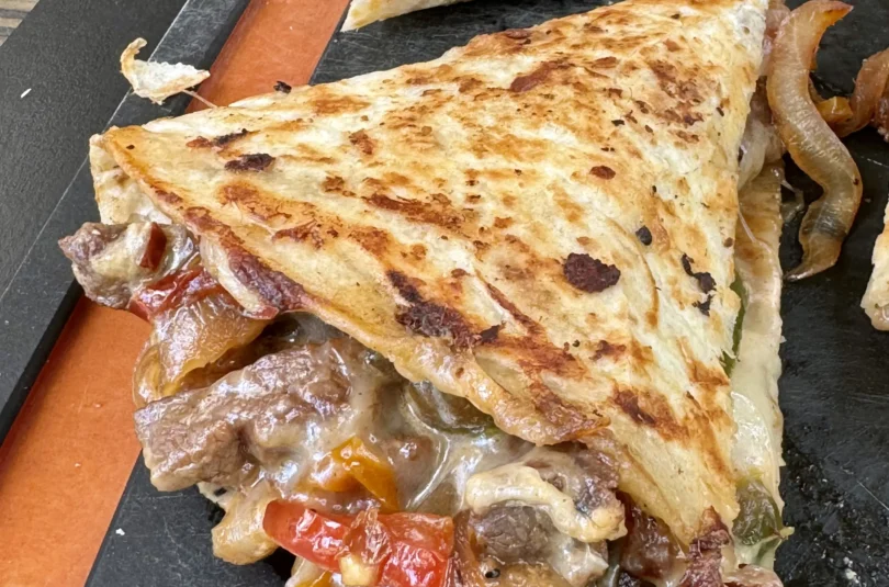 up close on a pepper steak quesadilla
