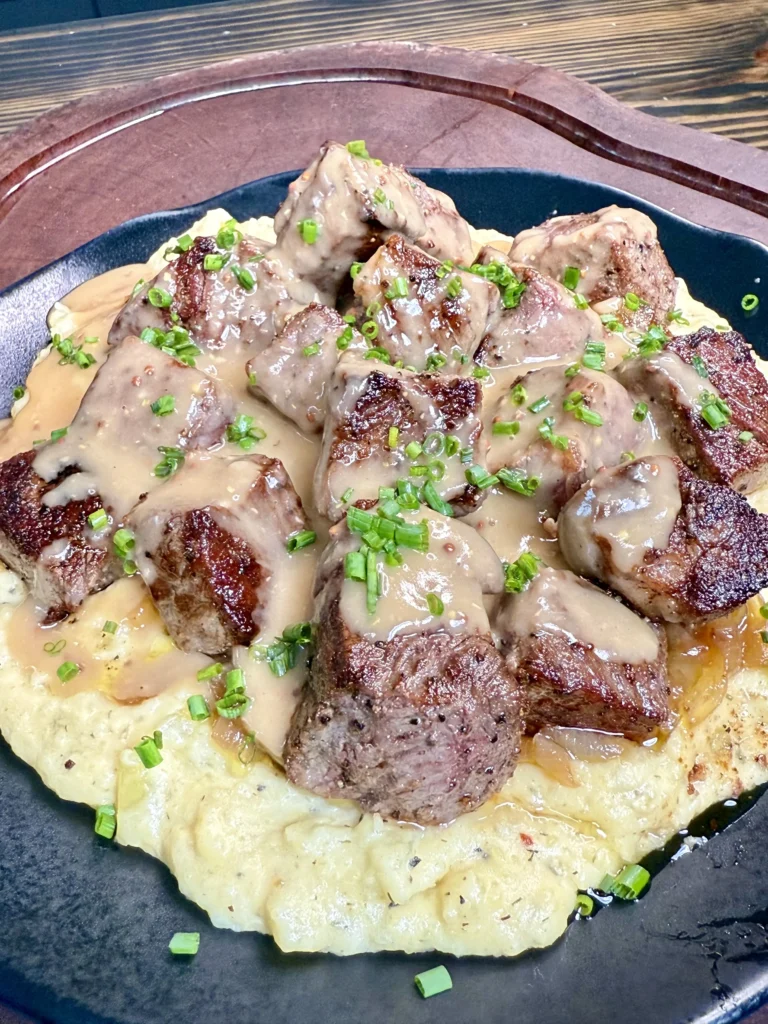 finished steak and mashed potatoes with gravy