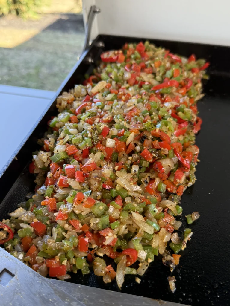 cooked veggies on the flat top