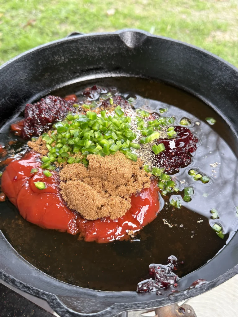 Overhead shot of all glaze ingredients in a pan.