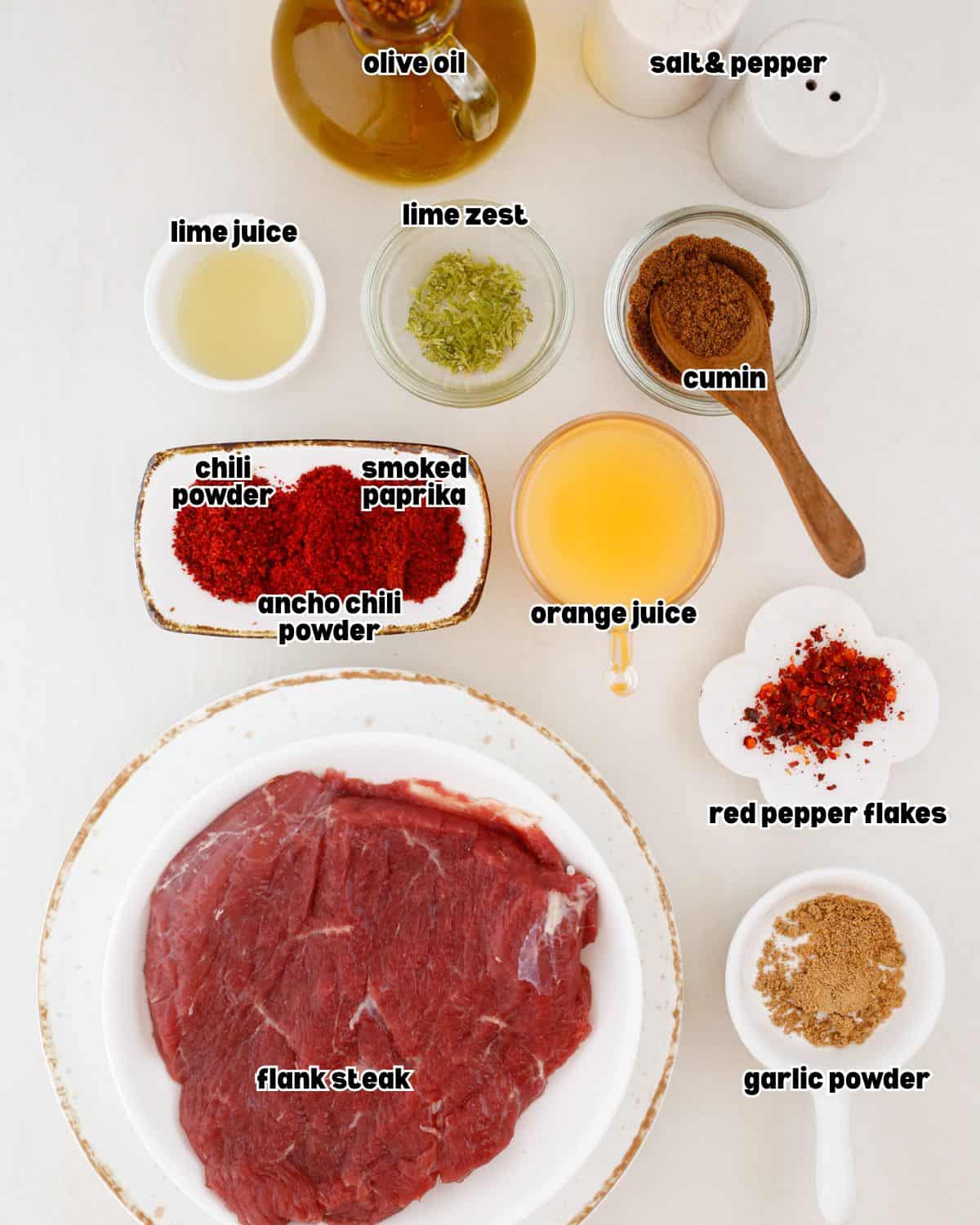 ingredients for steak fajita quesadillas arranged on a kitchen countertop.