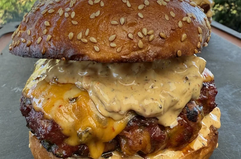 Smoked cheddar jalapeño burger on a toasted brioche bun
