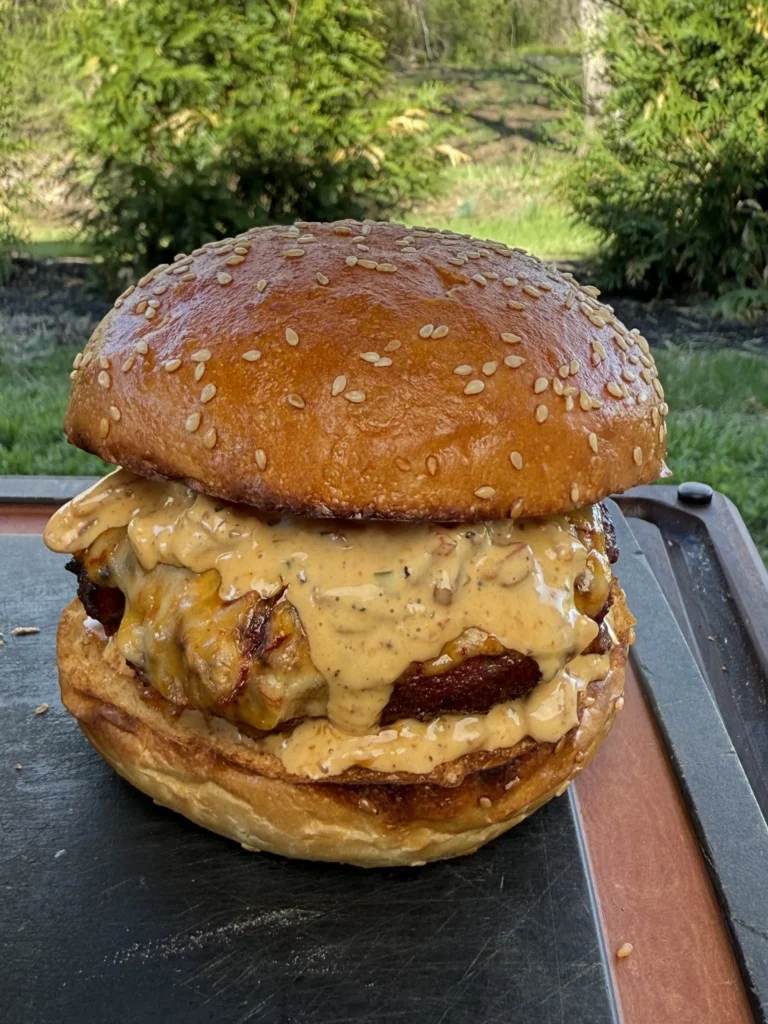 perfectly Smoked cheddar jalapeño burger on a toasted brioche bun