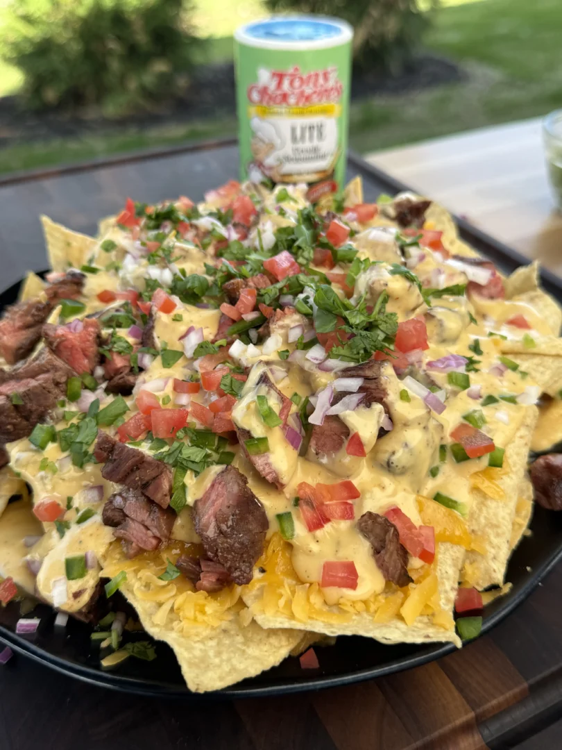 Overhead shot of assembled nachos