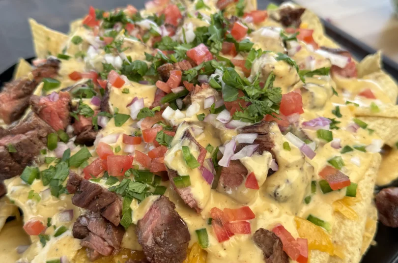 Overhead shot of assembled nachos