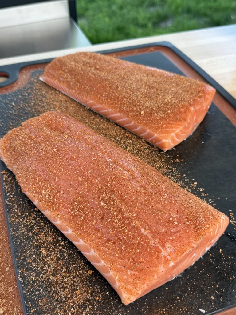 salmon slabs on a cutting board