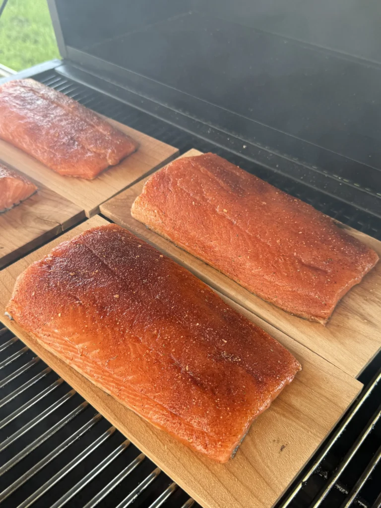 cedar plank salmon in the smoker