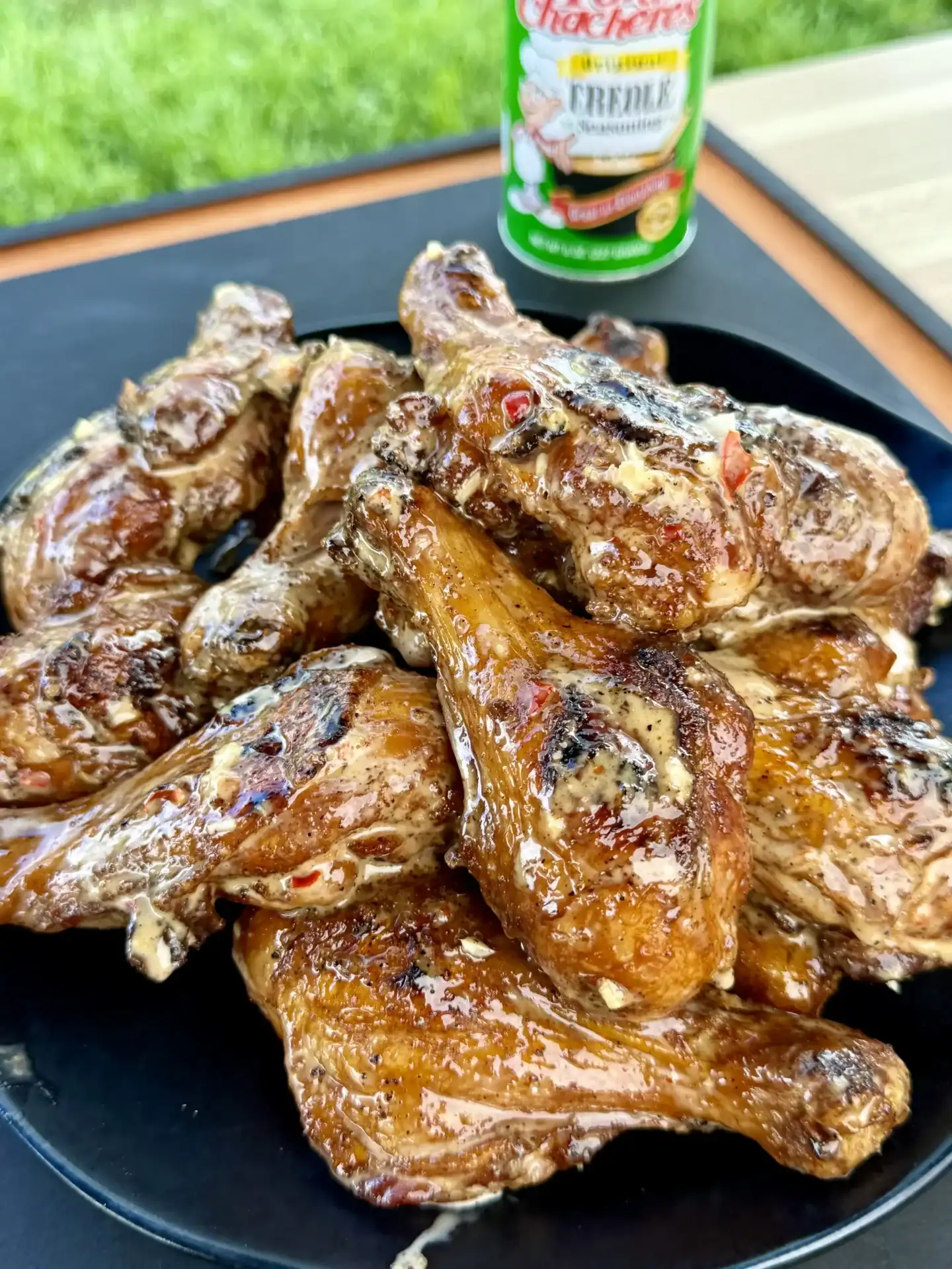 Grilled butterflied chicken drumsticks with Bang Bang sauce