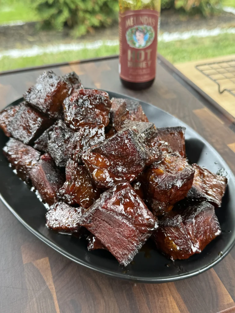 finished burnt ends on a plate