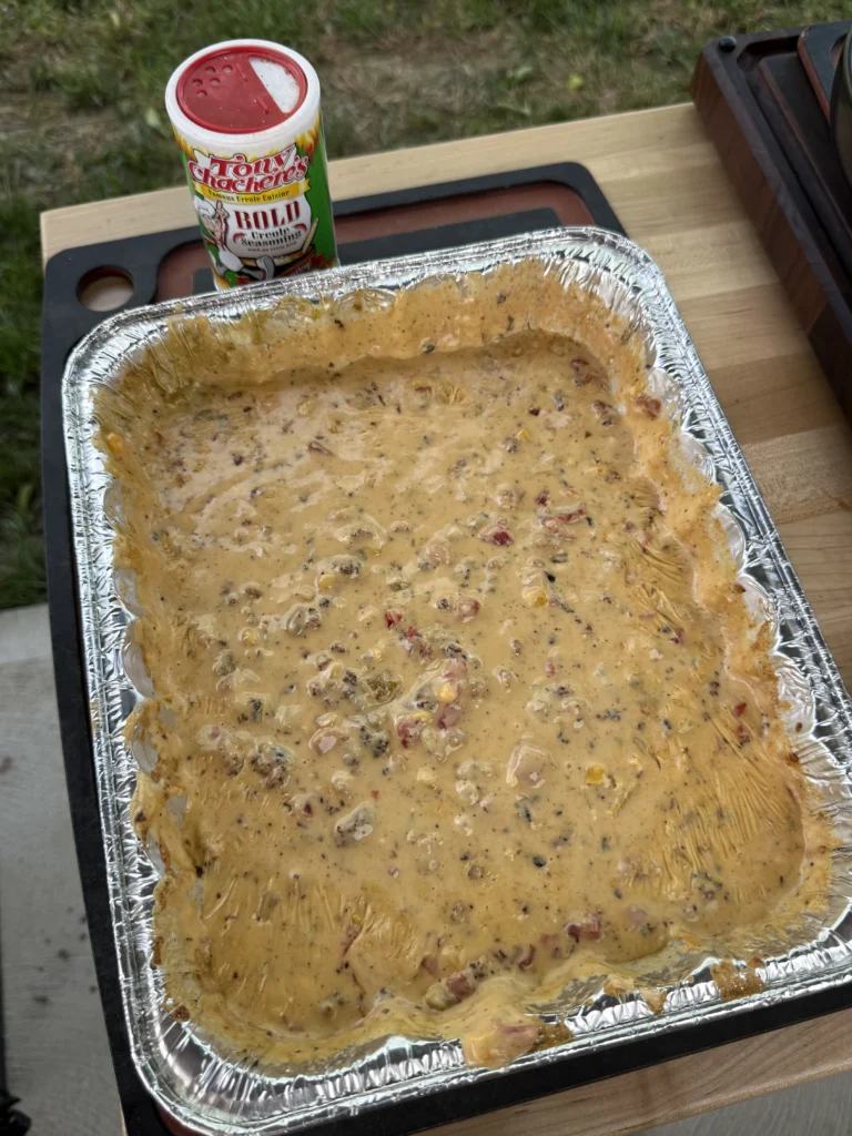 overview of pan with smoked queso and tonys 