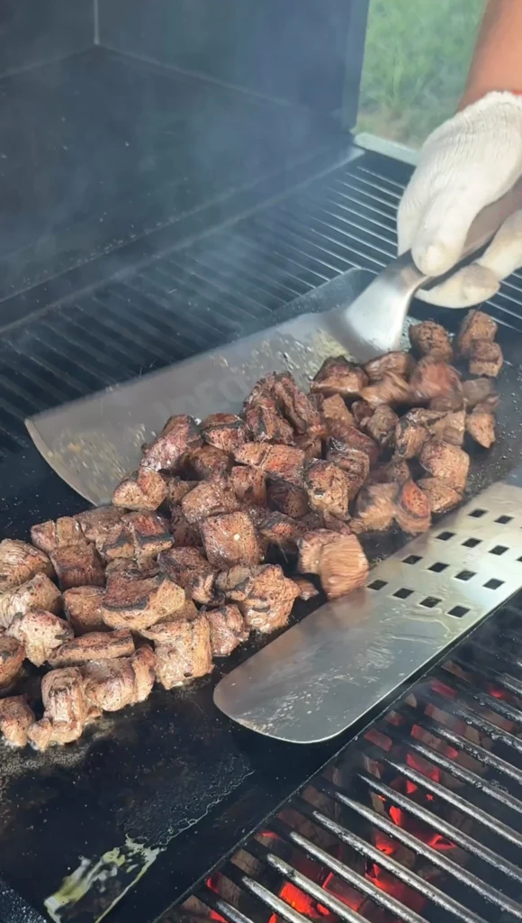 grilled steak bites on the griddle