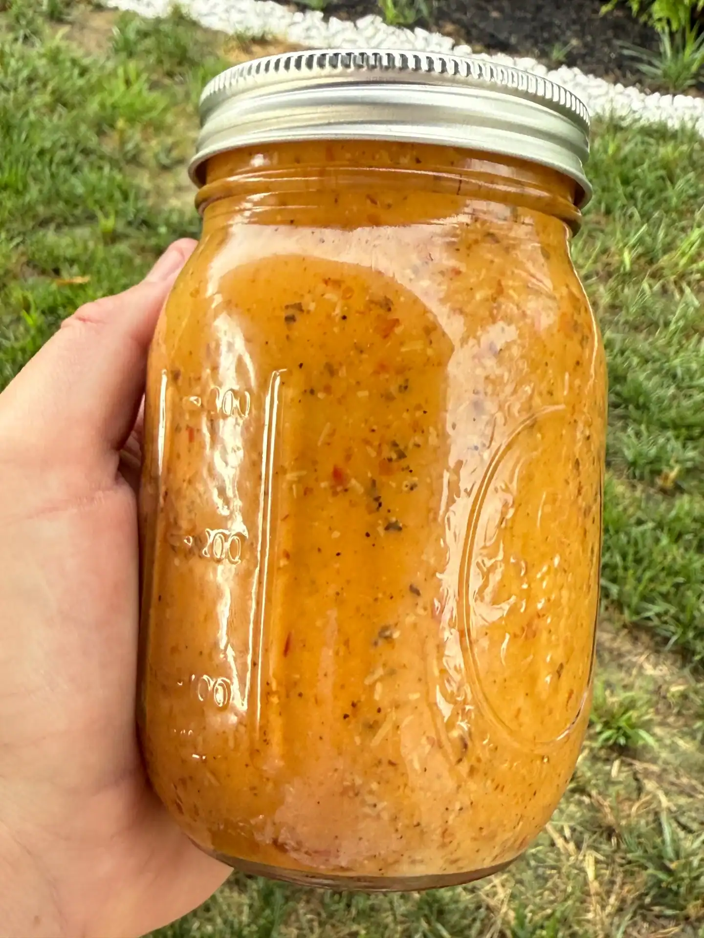 hand holding a jar of spicy garlic Parmesan sauce.