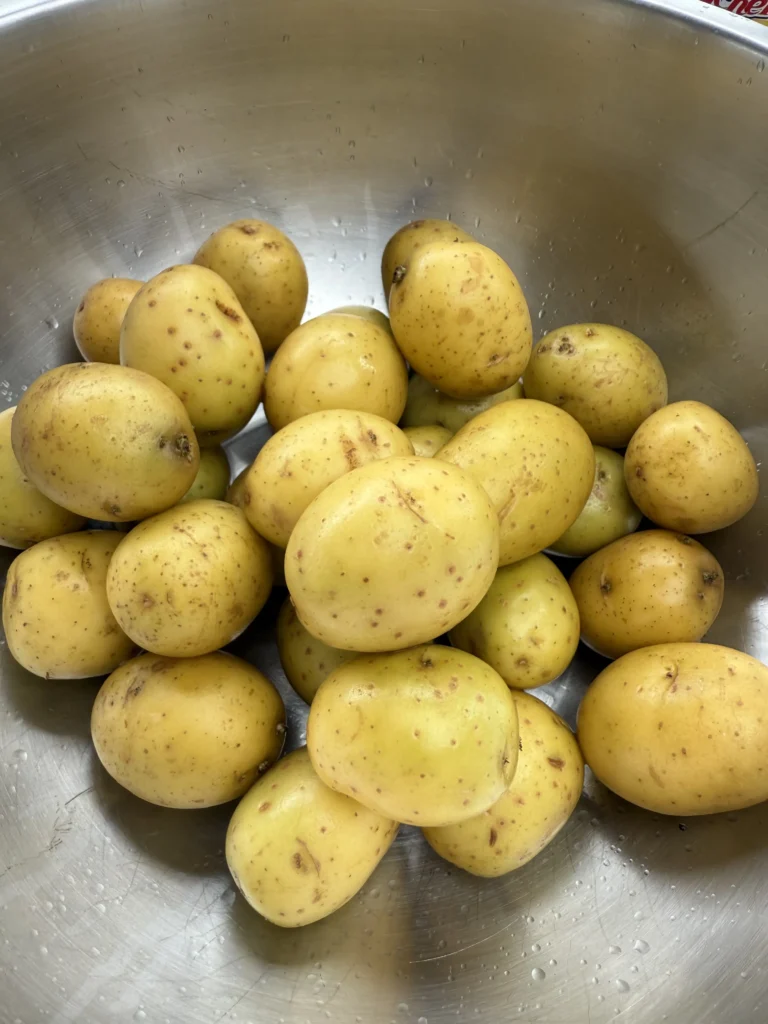 Fresh russet potatoes in stainless steel colander ready for boiling, showing proper potato selection for croquette preparation