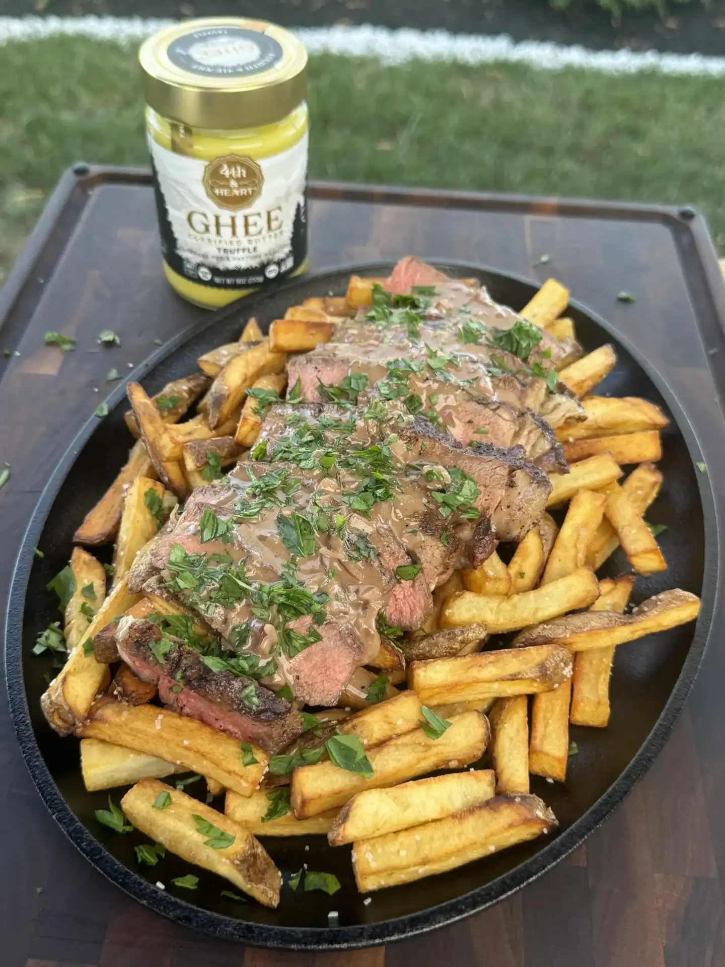 over top view of loaded steak fries