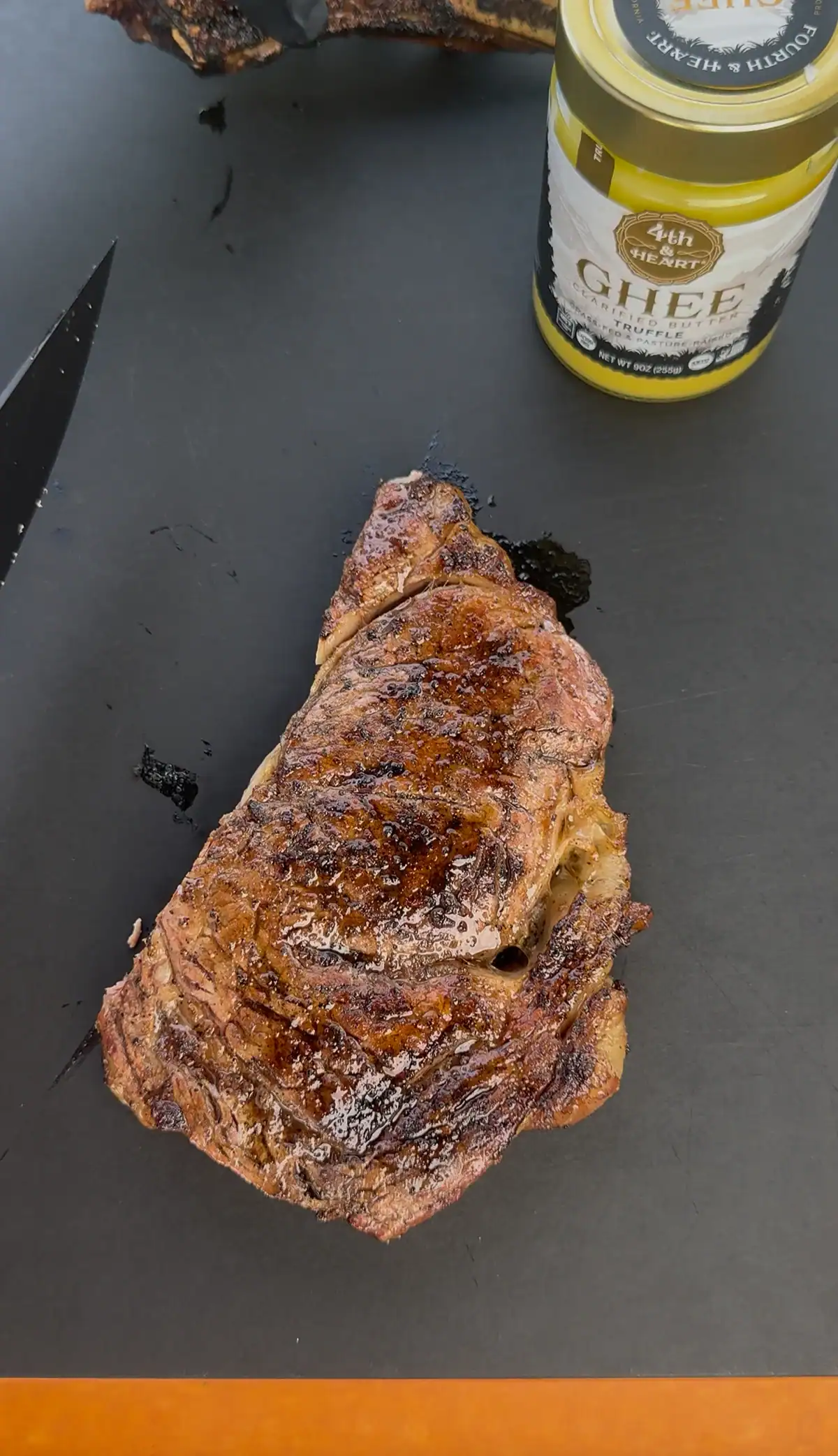 grilled ribeye steak before slicing