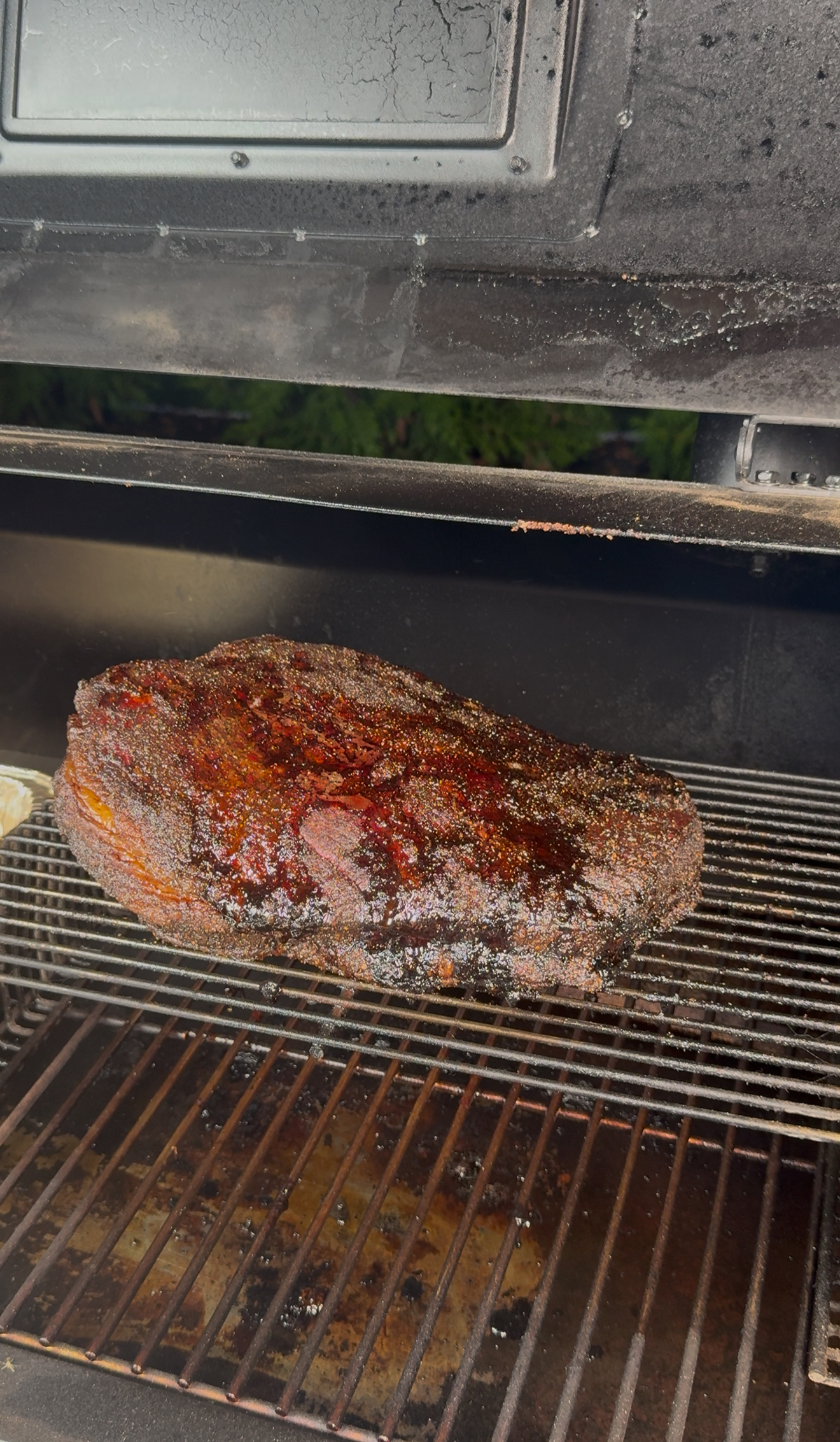Seasoned brisket being placed on a pellet smoker fat side down