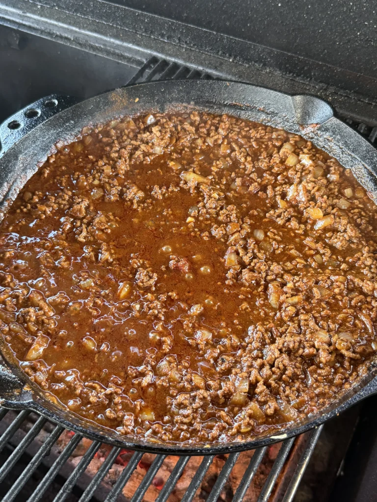 chili in a cast iron skillet