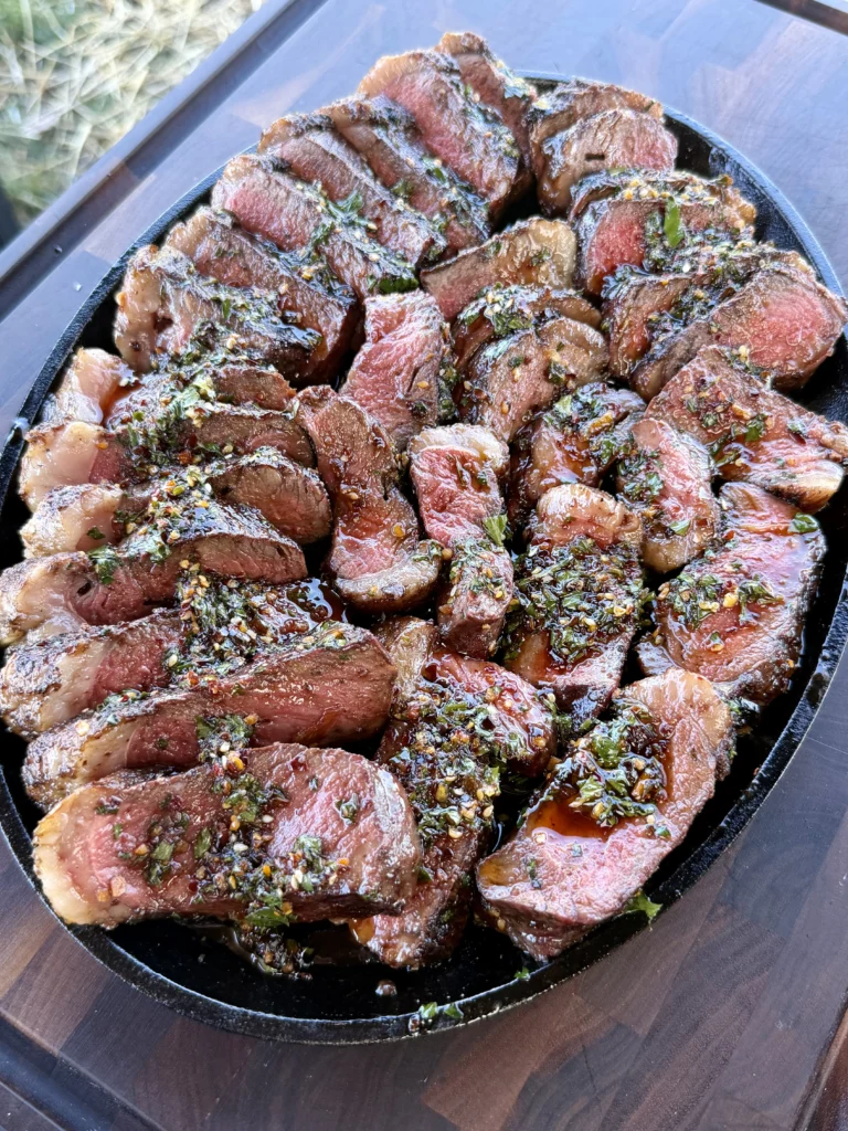 grilled picanha with chili oil on the plate