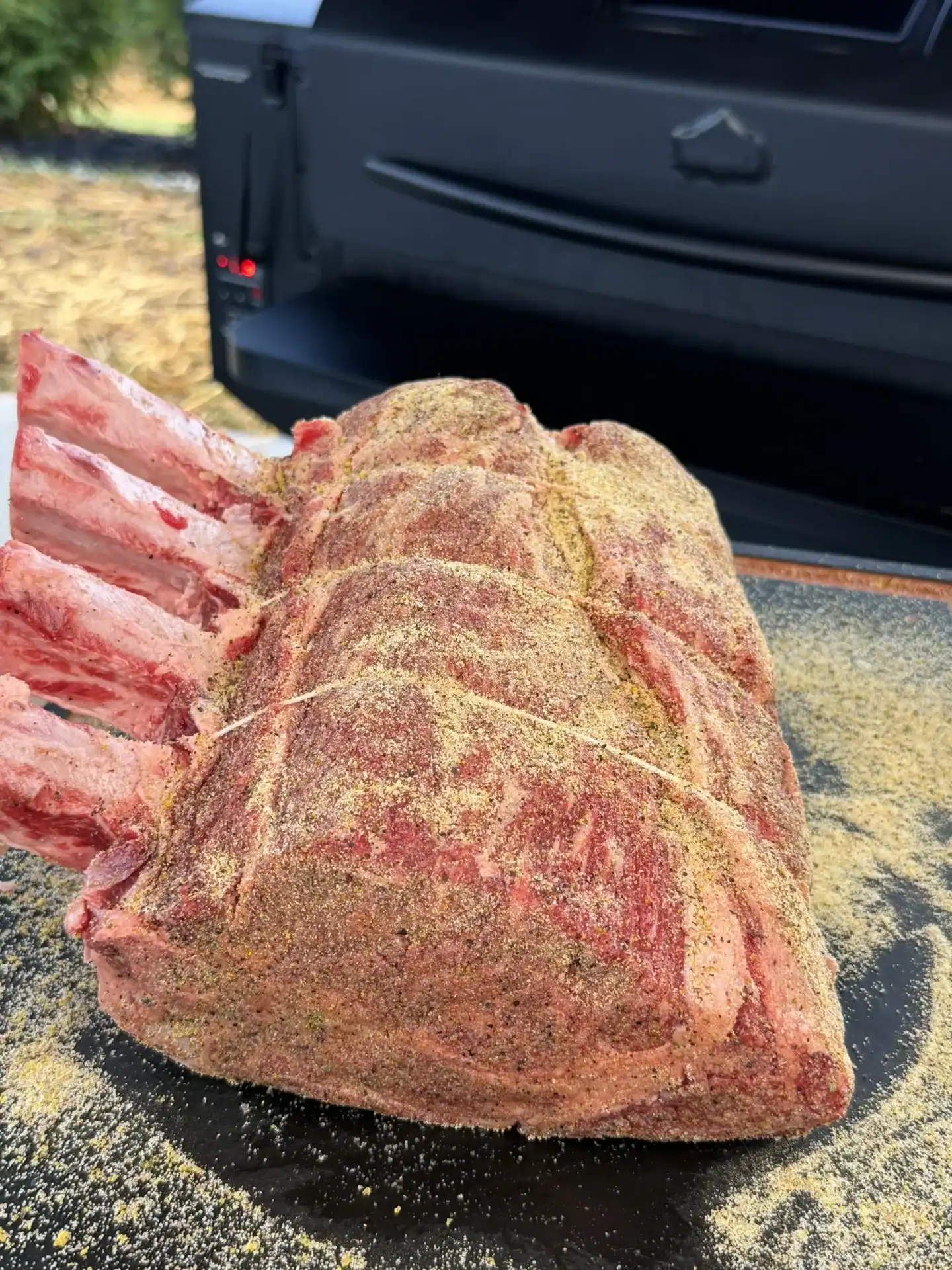 seasoned prime rib with a pellet smoker in the background