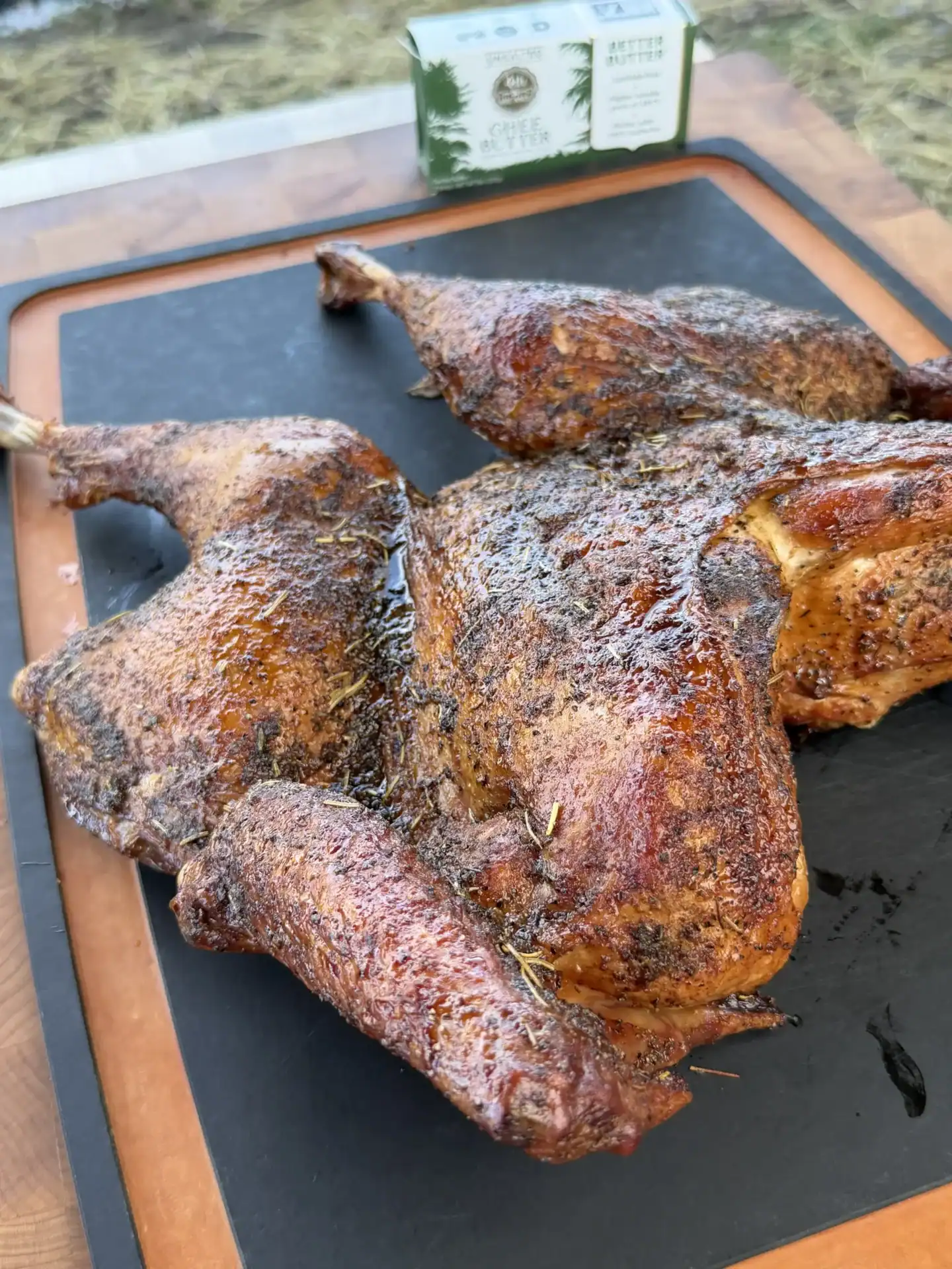 smoked turkey on a cutting board