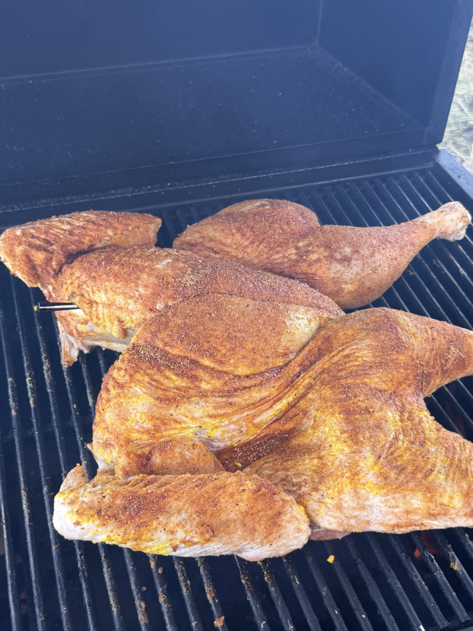 seasoned turkey on the hasty bake grill