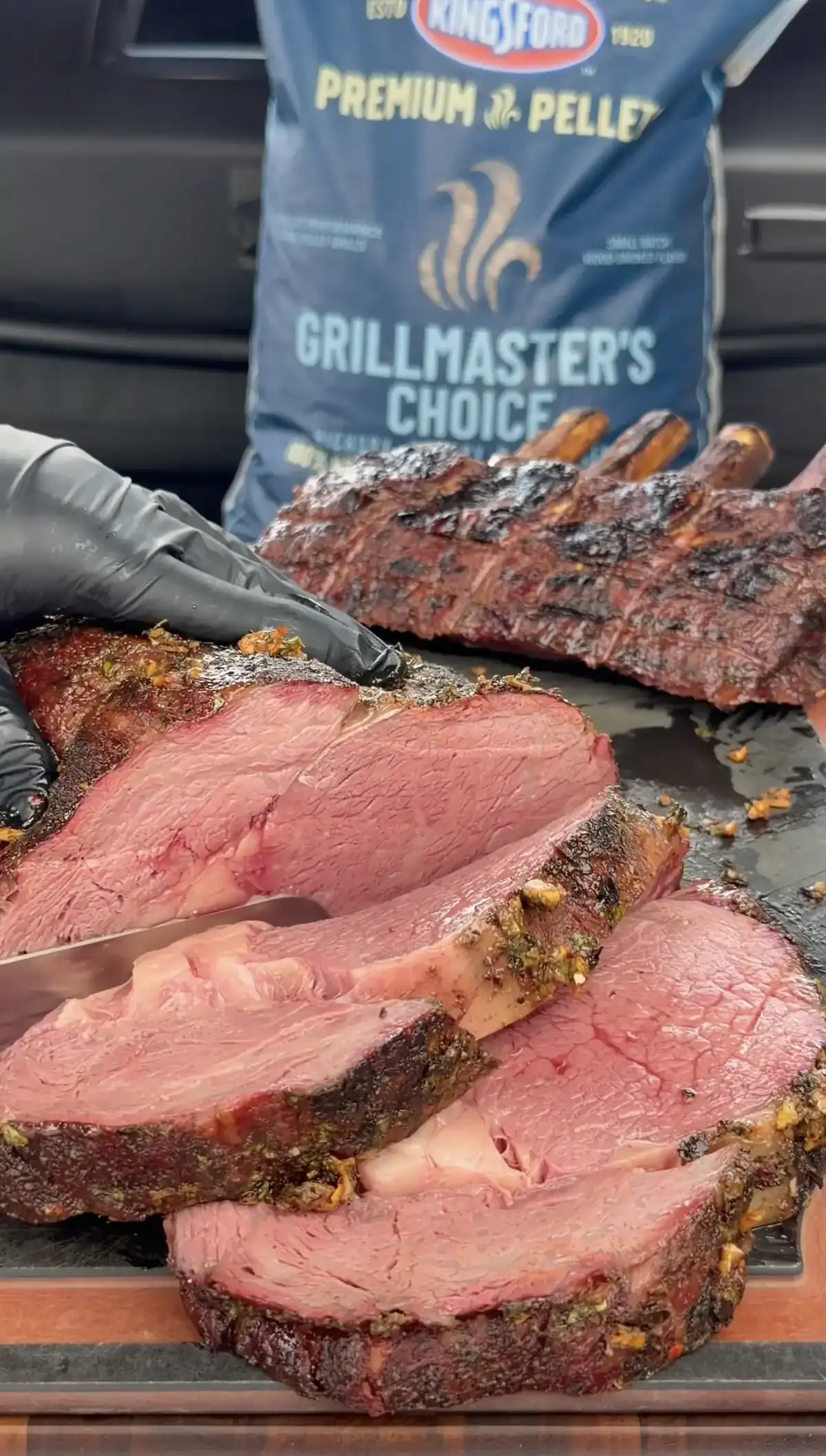 sliced prime rib on a cutting board