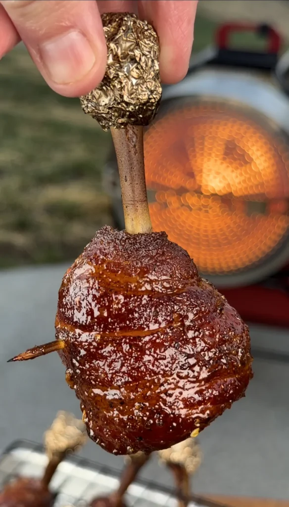 single chicken leg lollipop  with heater in the background